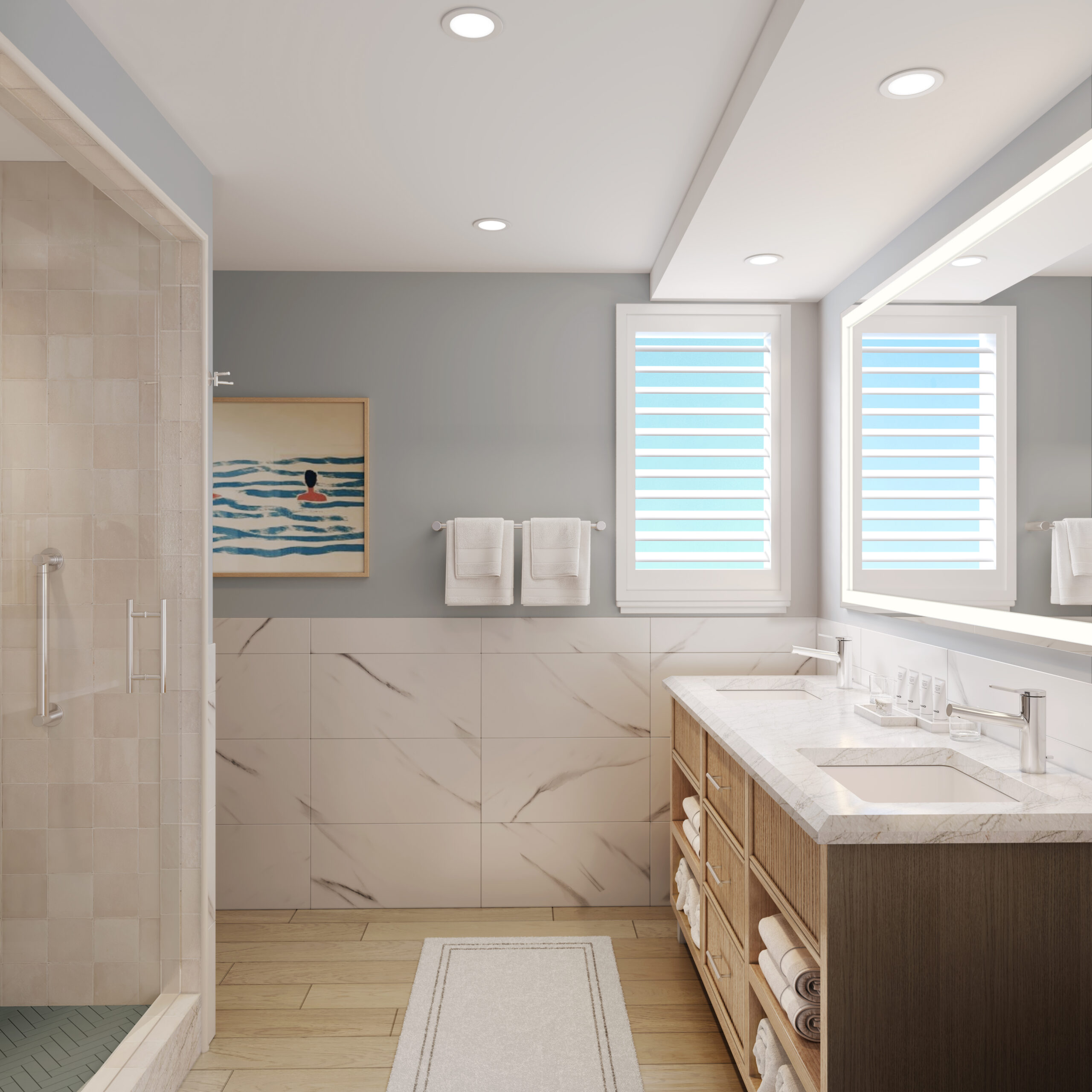 Reimagined bathroom with a tiled walk-in shower, fluted wood vanity, and quartz countertops