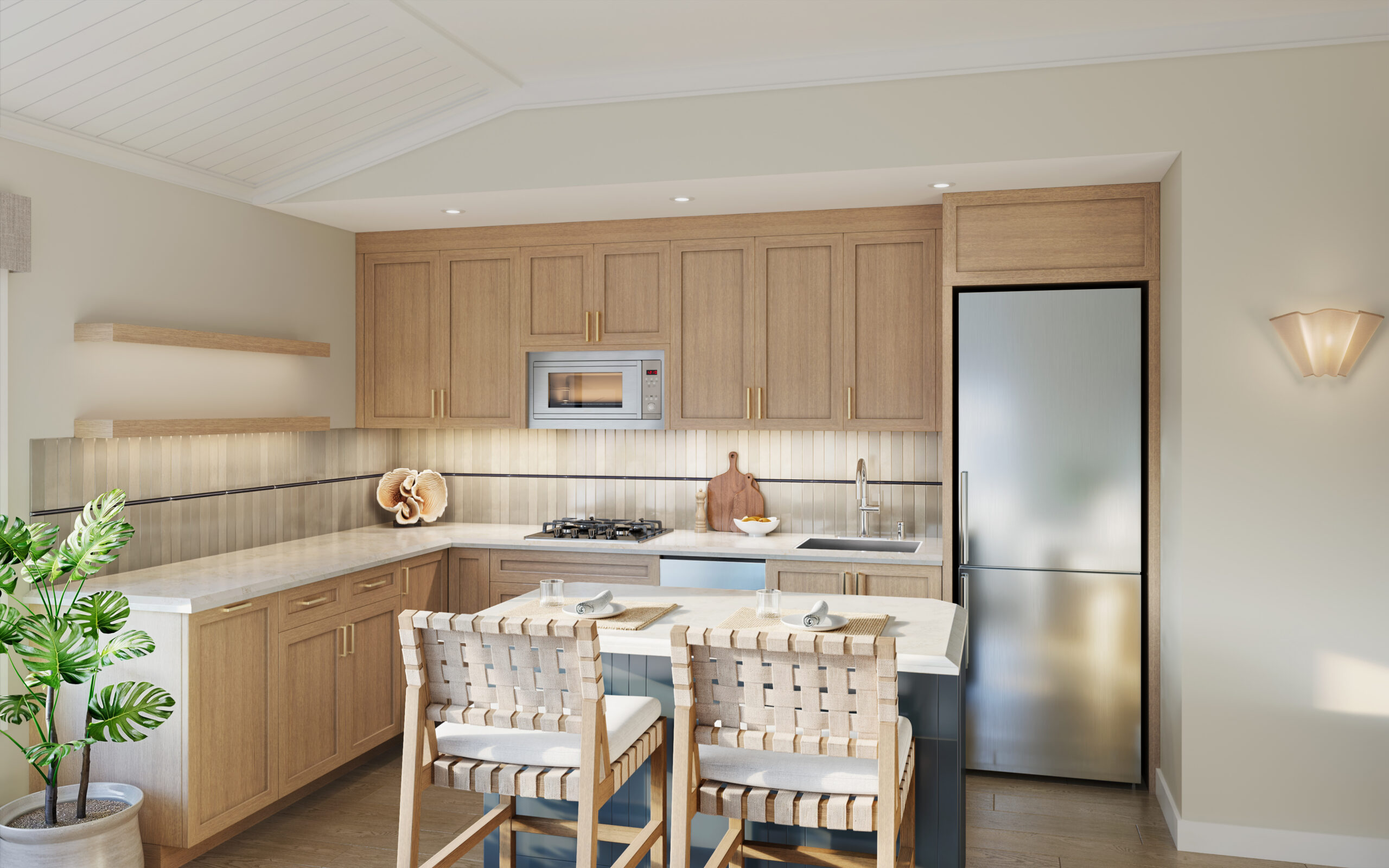 Reimagined kitchen with light oak cabinetry, quartz countertops, and a navy-painted island
